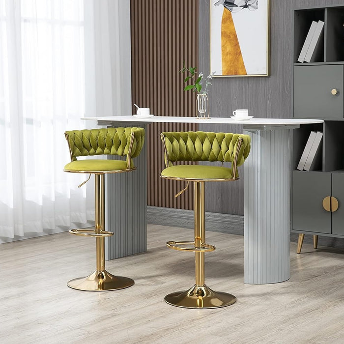 SERENITà 2x Height Adjustable Swivel Bar Stool Velvet Golden Base Barstools Chairs Padded Seat Olive Green