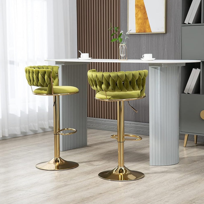 SERENITà 2x Height Adjustable Swivel Bar Stool Velvet Golden Base Barstools Chairs Padded Seat Olive Green
