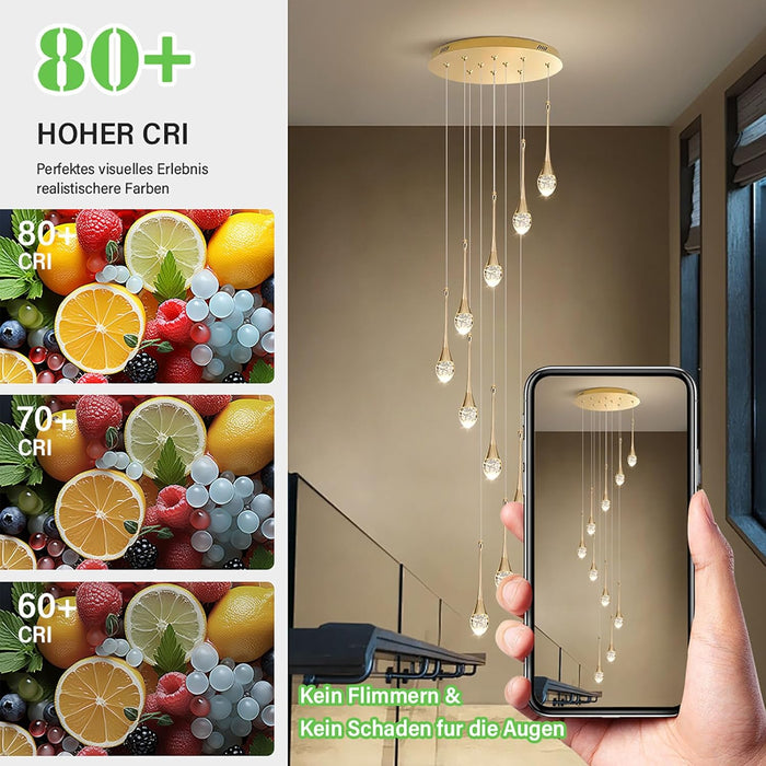 BAMDECOR LT08 12-Heads Solid Crystal Teardrop Chandelier High Ceiling Foyers Entrance Chandeliers Staircase Long Pendant Light (Gold)