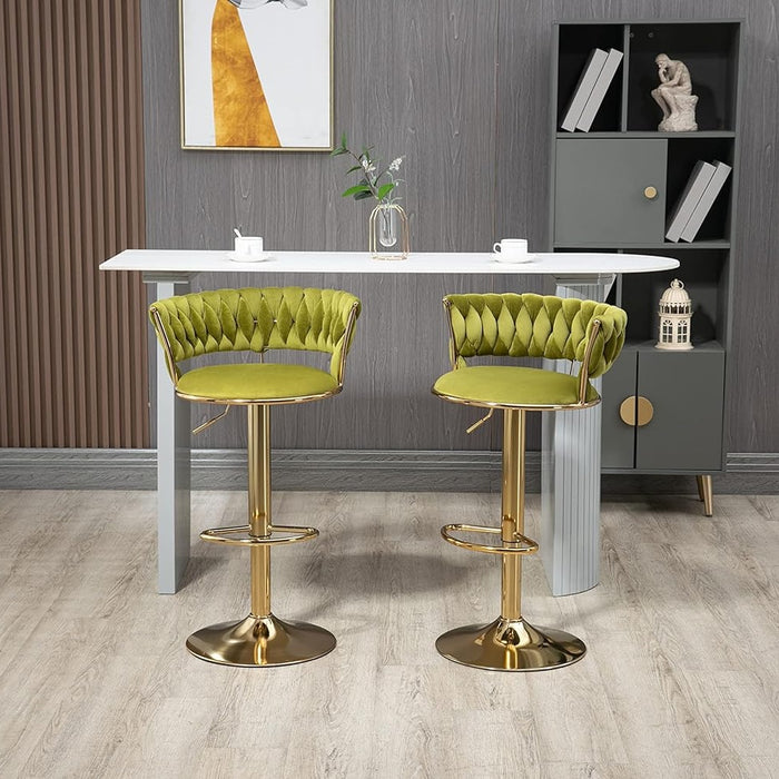 SERENITà 2x Height Adjustable Swivel Bar Stool Velvet Golden Base Barstools Chairs Padded Seat Olive Green
