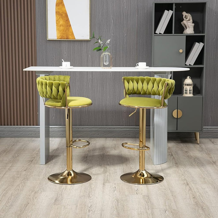 SERENITà 2x Height Adjustable Swivel Bar Stool Velvet Golden Base Barstools Chairs Padded Seat Olive Green