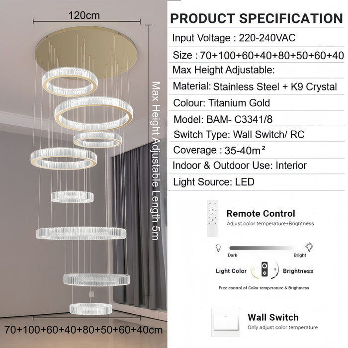 BAMDECOR C3341 Series Pharaoh RING Modern K9 Luxury Crystal LED Chandelier (Gold-5/6/7 and 8 Rings)