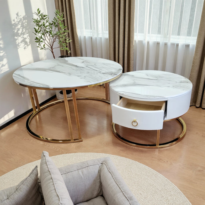 Velluto Calacatta White Top Modern Marble Slate Nesting Coffee Table Set Leather Wrapped Wood Drawers (Gold Frame)