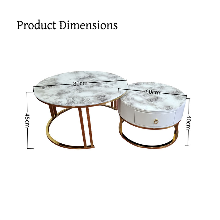 Velluto Volakas White Top Modern Marble Slate Nesting Coffee Table Set Leather Wrapped Wood Drawers (Gold Frame)