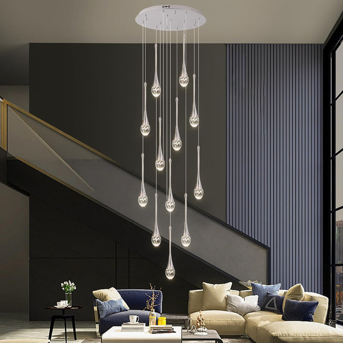BAMDECOR LT08 12-Heads Solid Crystal Teardrop Chandelier High Ceiling Foyers Entrance Chandeliers Staircase Long Pendant Light (Chrome)