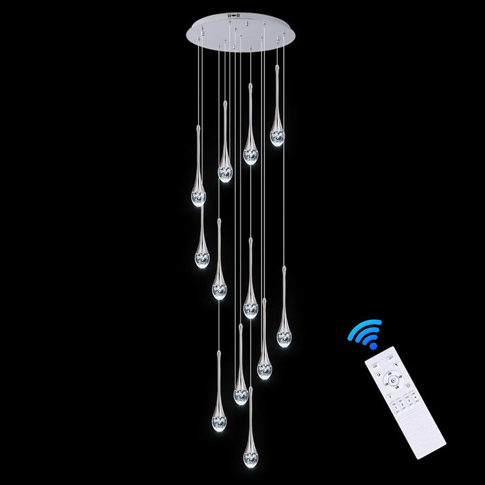 BAMDECOR LT08 12-Heads Solid Crystal Teardrop Chandelier High Ceiling Foyers Entrance Chandeliers Staircase Long Pendant Light (Chrome)