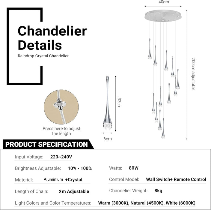 BAMDECOR LT08 12-Heads Solid Crystal Teardrop Chandelier High Ceiling Foyers Entrance Chandeliers Staircase Long Pendant Light (Chrome)