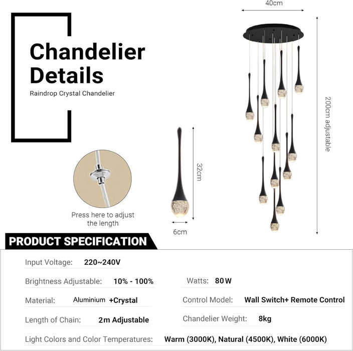 BAMDECOR LT08 12-Heads Solid Crystal Teardrop Chandelier High Ceiling Foyers Entrance Chandeliers Staircase Long Pendant Light (Black)