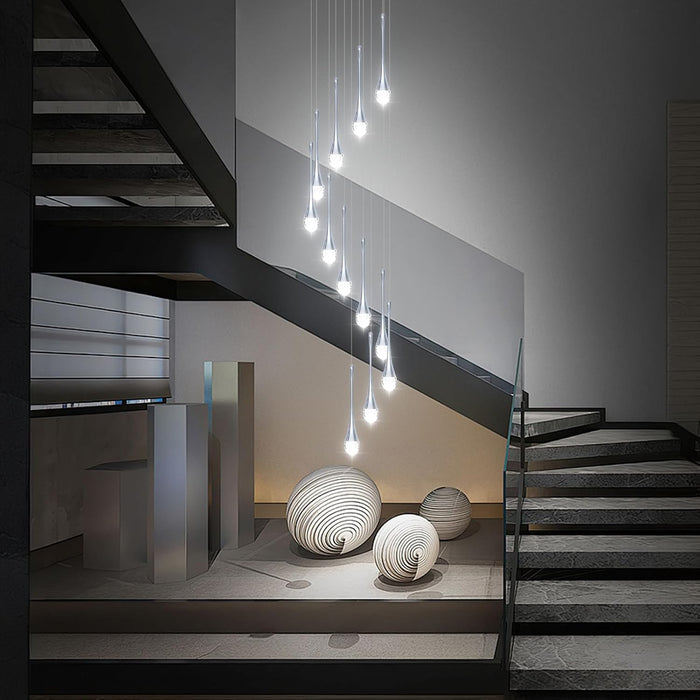 BAMDECOR LT08 12-Heads Solid Crystal Teardrop Chandelier High Ceiling Foyers Entrance Chandeliers Staircase Long Pendant Light (Chrome)