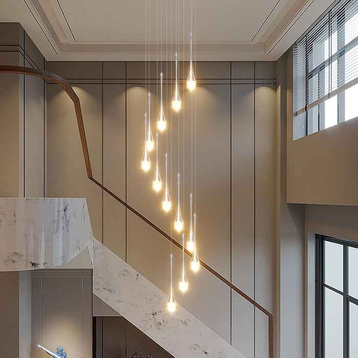 BAMDECOR LT08 12-Heads Solid Crystal Teardrop Chandelier High Ceiling Foyers Entrance Chandeliers Staircase Long Pendant Light (Chrome)