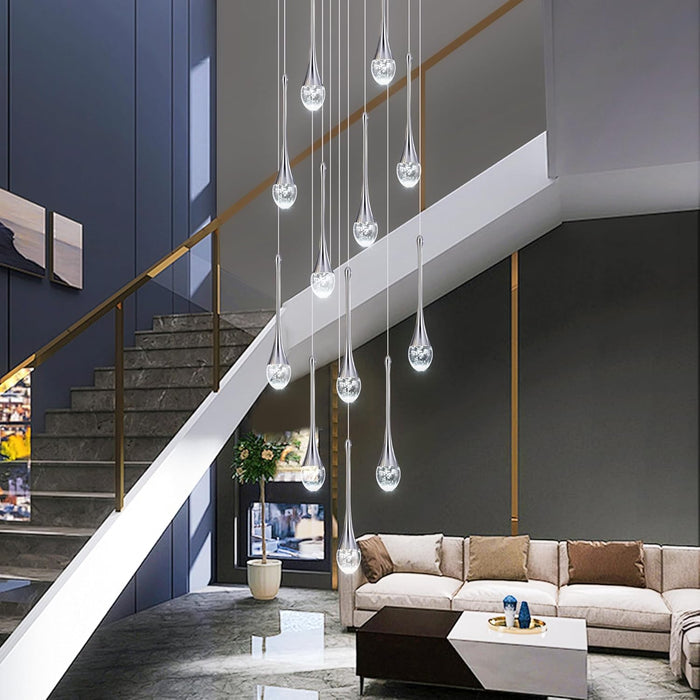 BAMDECOR LT08 12-Heads Solid Crystal Teardrop Chandelier High Ceiling Foyers Entrance Chandeliers Staircase Long Pendant Light (Chrome)