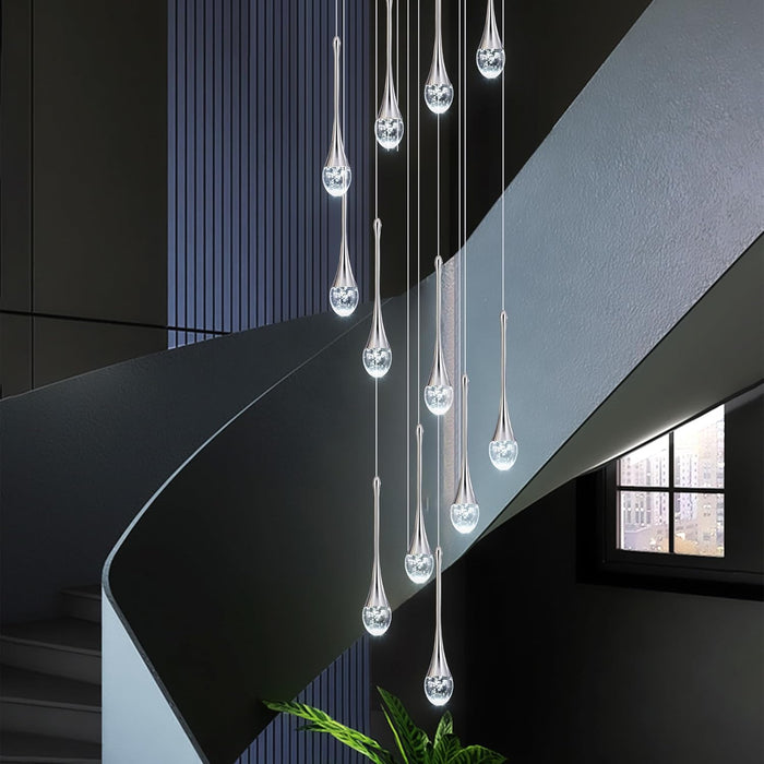 BAMDECOR LT08 12-Heads Solid Crystal Teardrop Chandelier High Ceiling Foyers Entrance Chandeliers Staircase Long Pendant Light (Chrome)