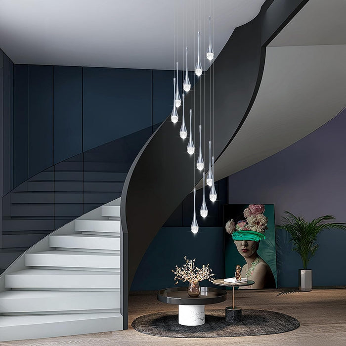 BAMDECOR LT08 12-Heads Solid Crystal Teardrop Chandelier High Ceiling Foyers Entrance Chandeliers Staircase Long Pendant Light (Chrome)