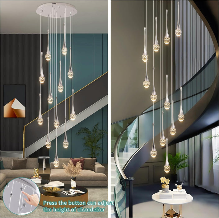 BAMDECOR LT08 12-Heads Solid Crystal Teardrop Chandelier High Ceiling Foyers Entrance Chandeliers Staircase Long Pendant Light (Chrome)