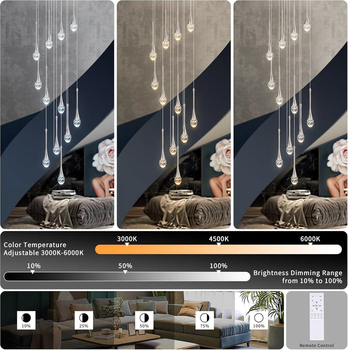 BAMDECOR LT08 12-Heads Solid Crystal Teardrop Chandelier High Ceiling Foyers Entrance Chandeliers Staircase Long Pendant Light (Chrome)