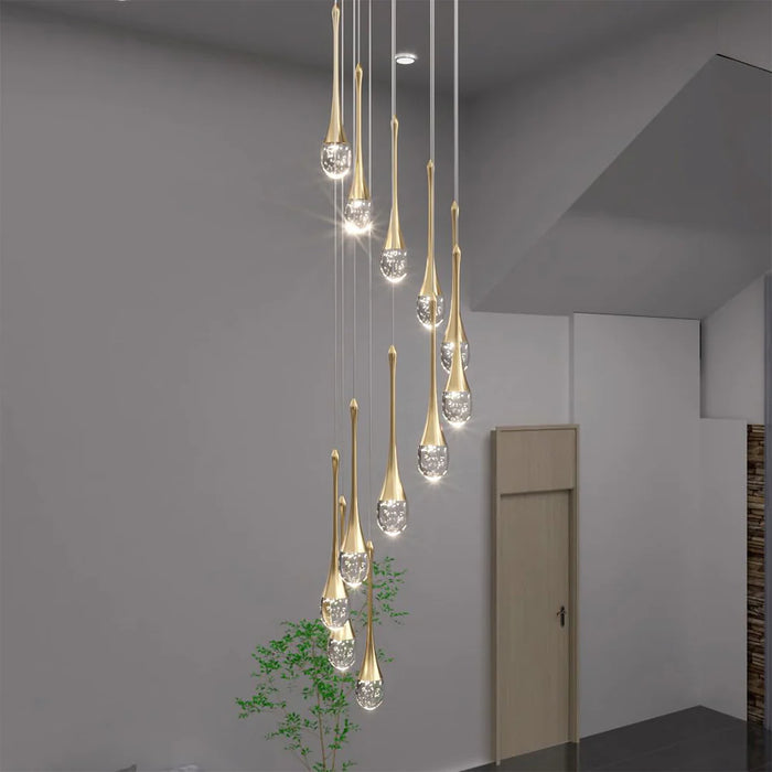 BAMDECOR LT08 12-Heads Solid Crystal Teardrop Chandelier High Ceiling Foyers Entrance Chandeliers Staircase Long Pendant Light (Gold)