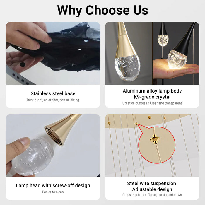 BAMDECOR LT08 12-Heads Solid Crystal Teardrop Chandelier High Ceiling Foyers Entrance Chandeliers Staircase Long Pendant Light (Gold)