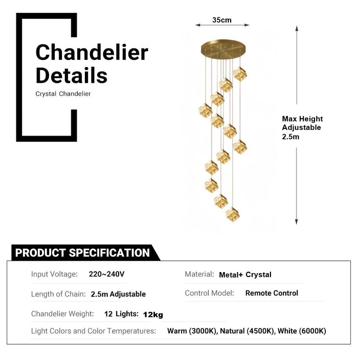 BAMDECOR LT02 12 Hanging Crystal Cube Chandelier LED Chandelier for Dining Room, Luxury Dimmable Enterway Led Pendant Lights Fixture (Gold)