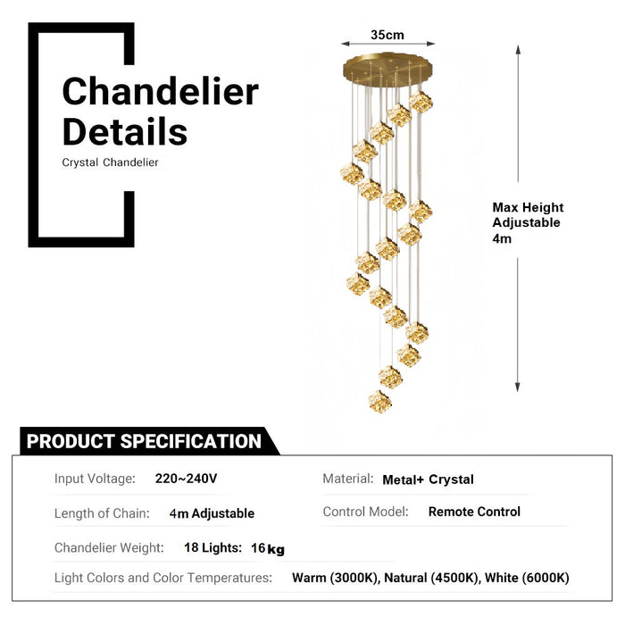 BAMDECOR LT02 18 Hanging Crystal Cube Chandelier LED Chandelier for Dining Room, Luxury Dimmable Enterway Led Pendant Lights Fixture (Gold)