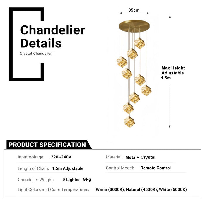 BAMDECOR LT02 9 Hanging Crystal Cube Chandelier LED Chandelier for Dining Room, Luxury Dimmable Enterway Led Pendant Lights Fixture (Gold)