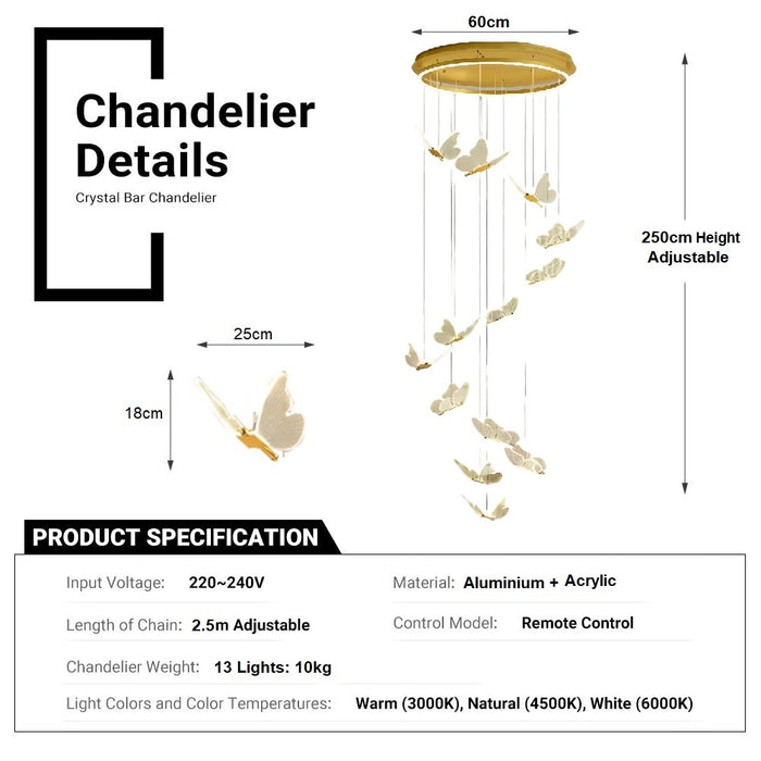BAMDECOR LT05 13 Nordic Butterfly Luxury Chandeliers Pendant Lights for Villa Stair Home Decoration Modern Style Exquisite Chandelier (Gold)