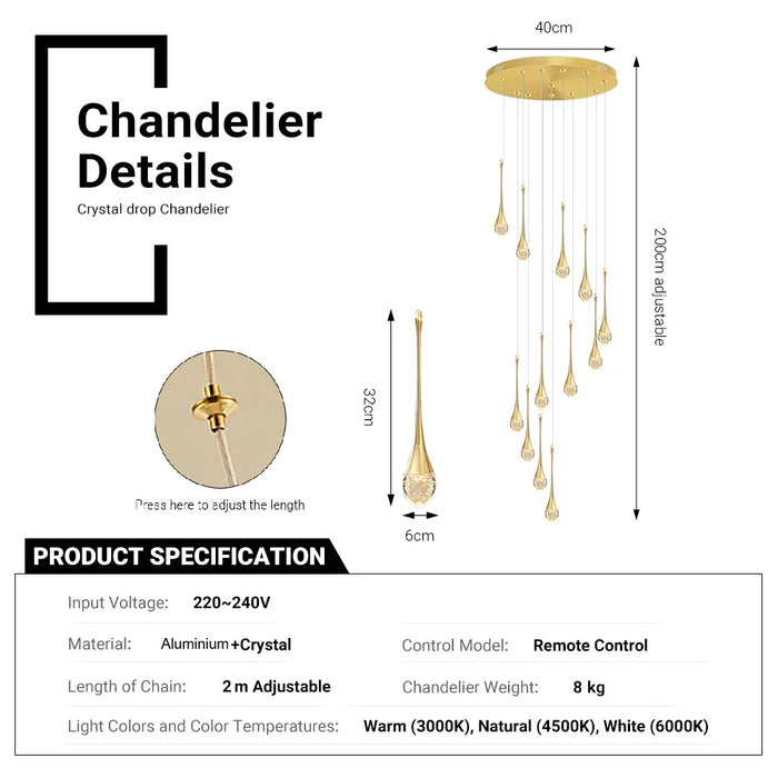 BAMDECOR LT08 12-Heads Solid Crystal Teardrop Chandelier High Ceiling Foyers Entrance Chandeliers Staircase Long Pendant Light (Gold)