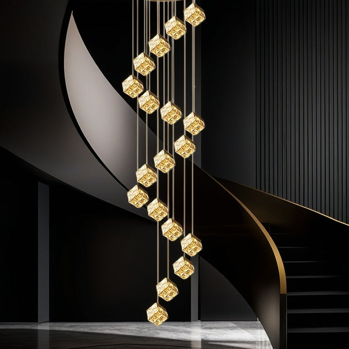 BAMDECOR LT02 18 Hanging Crystal Cube Chandelier LED Chandelier for Dining Room, Luxury Dimmable Enterway Led Pendant Lights Fixture (Gold)