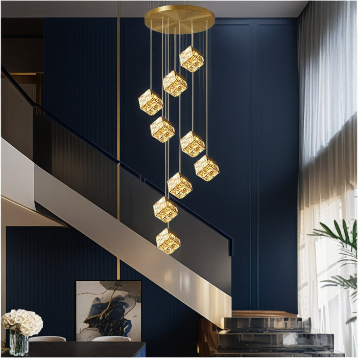 BAMDECOR LT02 9 Hanging Crystal Cube Chandelier LED Chandelier for Dining Room, Luxury Dimmable Enterway Led Pendant Lights Fixture (Gold)