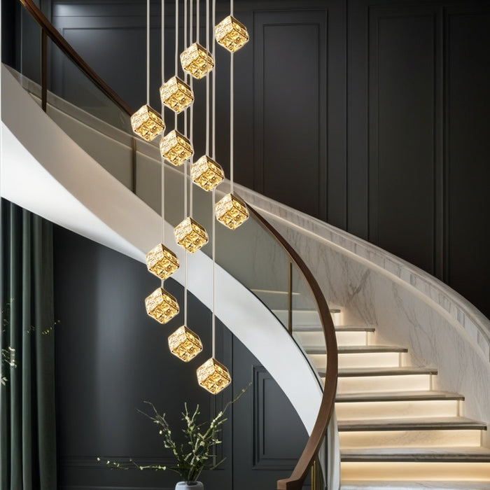 BAMDECOR LT02 12 Hanging Crystal Cube Chandelier LED Chandelier for Dining Room, Luxury Dimmable Enterway Led Pendant Lights Fixture (Gold)