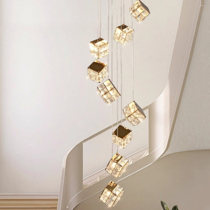 BAMDECOR LT02 9 Hanging Crystal Cube Chandelier LED Chandelier for Dining Room, Luxury Dimmable Enterway Led Pendant Lights Fixture (Gold)