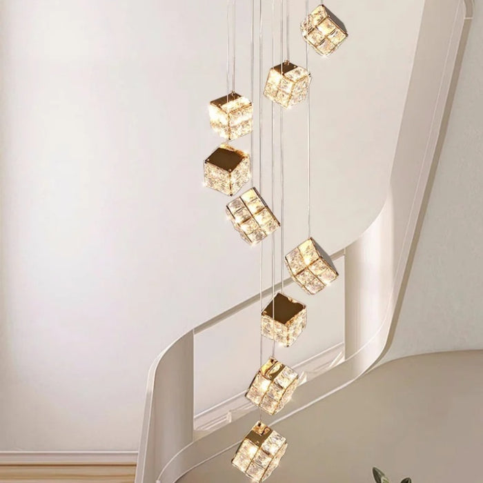 BAMDECOR LT02 9 Hanging Crystal Cube Chandelier LED Chandelier for Dining Room, Luxury Dimmable Enterway Led Pendant Lights Fixture (Gold)