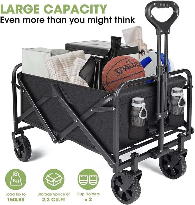 AMX Folding Beach Wagon Cart Trolley Garden Outdoor Picnic Camping Sports Market Collapsible Shop 5 inch Black Color - Amazingooh Wholesale