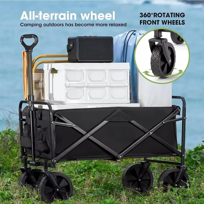 AMX Folding Beach Wagon Cart Trolley Garden Outdoor Picnic Camping Sports Market Collapsible Shop 5 inch Black Color - Amazingooh Wholesale