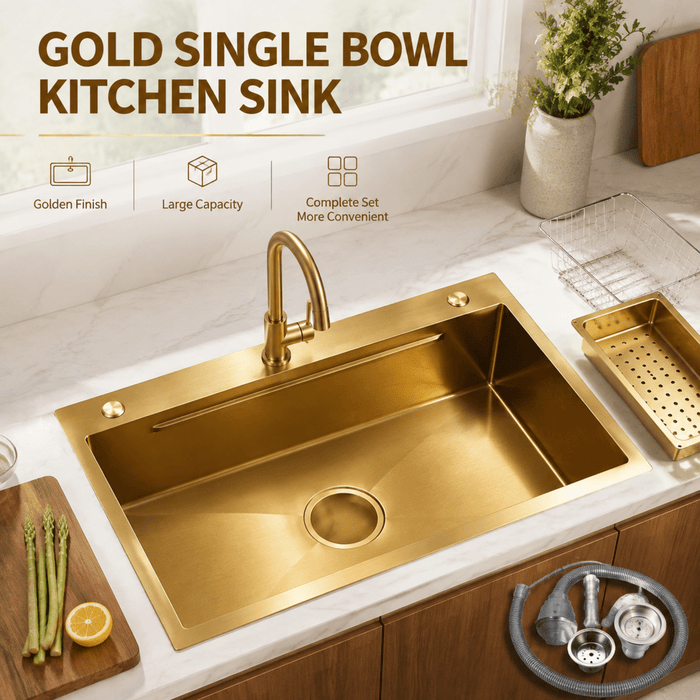 AMZ 900x500mm Brush Gold Nano Single Bowl Kitchen Sink with Workstation Accessories - Amazingooh Wholesale