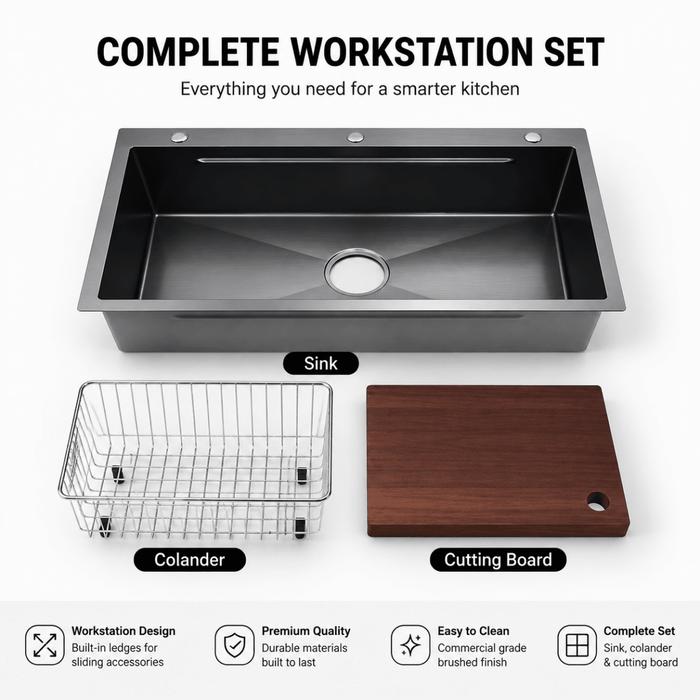 AMZ 900x500mm Gun Metal Grey Nano Single Bowl Kitchen Sink with Workstation Accessories - Amazingooh Wholesale