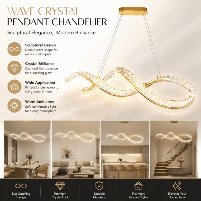 BAMDECOR 1.2m C3601W Wave Crystal Pendant Chandelier Decorative Lighting Lampshade (Brass Gold) - Amazingooh Wholesale