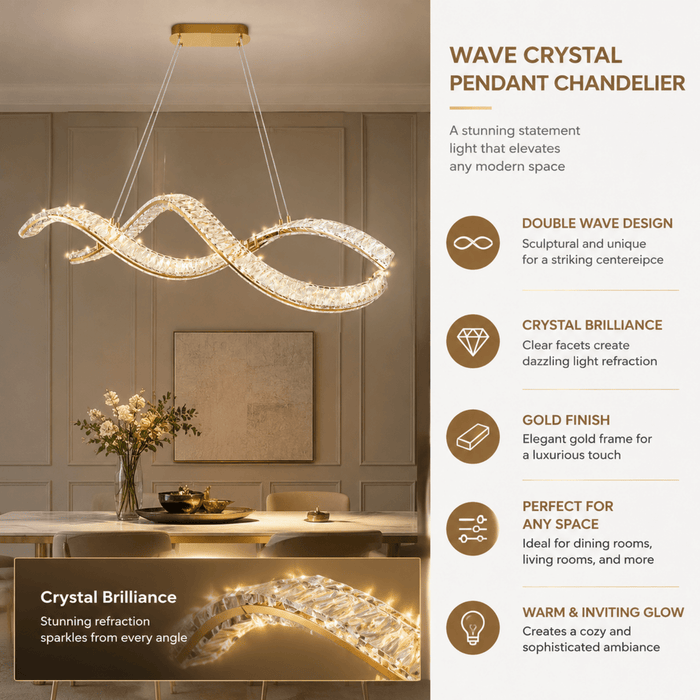 BAMDECOR 1.2m C3601W Wave Crystal Pendant Chandelier Decorative Lighting Lampshade (Brass Gold) - Amazingooh Wholesale