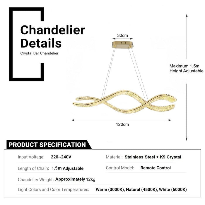 BAMDECOR 1.2m C3601W Wave Crystal Pendant Chandelier Decorative Lighting Lampshade (Brass Gold) - Amazingooh Wholesale