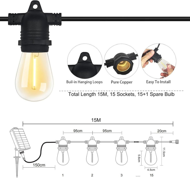 BAMDECOR 15M Solar Festoon Lights Outdoor, 2700K Warm White Solar Powered String Lights withBattery, Festoon Light for Patio Backyard Balcony Gazebo Party Carport - Amazingooh Wholesale