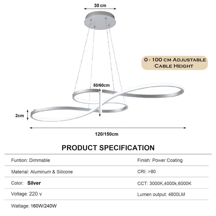 BAMDECOR A022 Modern Designer Infinity LED Chandelier Island Ceiling Pendant Light (120/150cm-Silver) - Amazingooh Wholesale