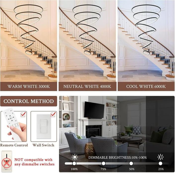 BAMDECOR A18801/8 Modern LED Chandelier Nordic Home Decor Dining Room Pendant Ceiling Light (8 Rings - Black) - Amazingooh Wholesale