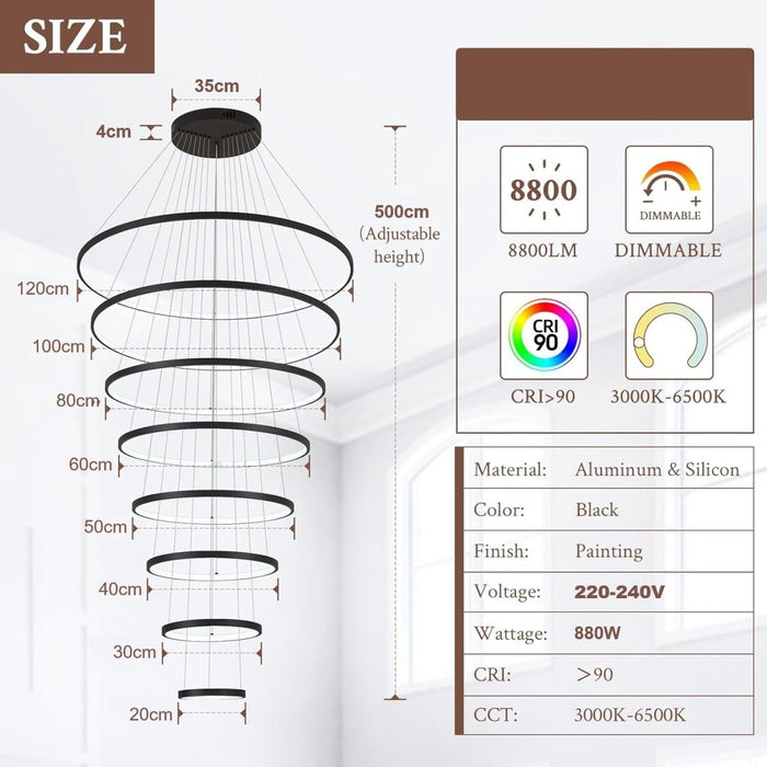 BAMDECOR A18801/8 Modern LED Chandelier Nordic Home Decor Dining Room Pendant Ceiling Light (8 Rings - Black) - Amazingooh Wholesale