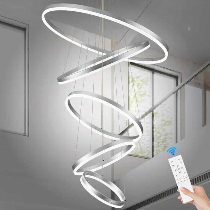 BAMDECOR A18815 Modern LED Chandelier, Dimmable Pendant Light Rings Round Ceiling Lighting (5 Rings-Silver) - Amazingooh Wholesale