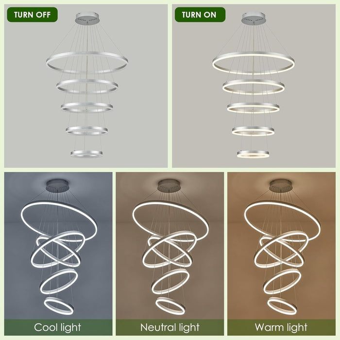 BAMDECOR A18815 Modern LED Chandelier, Dimmable Pendant Light Rings Round Ceiling Lighting (5 Rings-Silver) - Amazingooh Wholesale