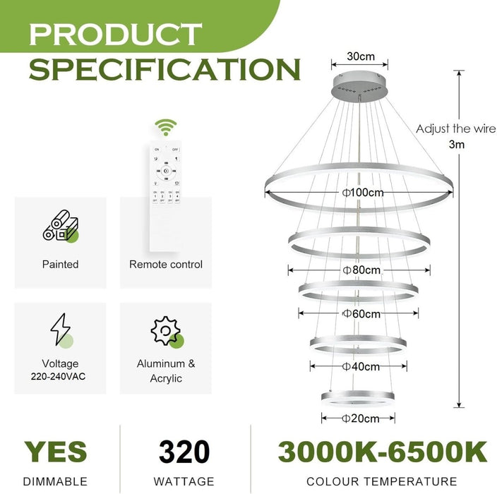 BAMDECOR A18815 Modern LED Chandelier, Dimmable Pendant Light Rings Round Ceiling Lighting (5 Rings-Silver) - Amazingooh Wholesale