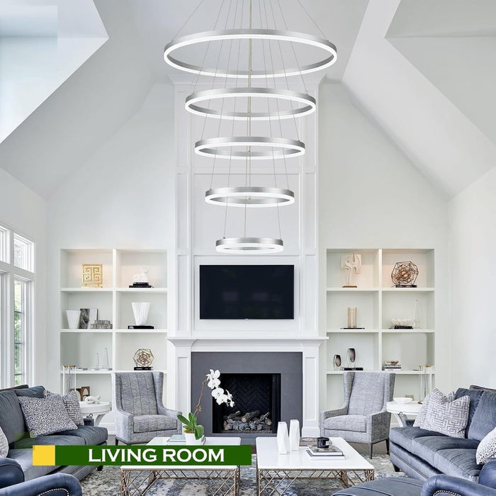 BAMDECOR A18815 Modern LED Chandelier, Dimmable Pendant Light Rings Round Ceiling Lighting (5 Rings-Silver) - Amazingooh Wholesale
