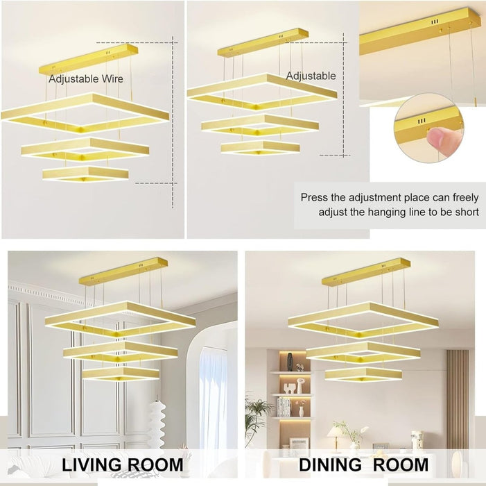 BAMDECOR A18882 Gold Modern Minimalist Square Pendant Light Adjustable LED Chandelier for Bar, Dining Room, Office - Amazingooh Wholesale