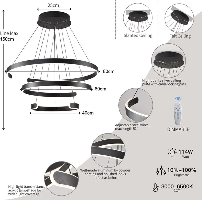 BAMDECOR AD2573 3 Round Rings C Shape Ceiling Light Chandeliers (Matte Black) - Amazingooh Wholesale