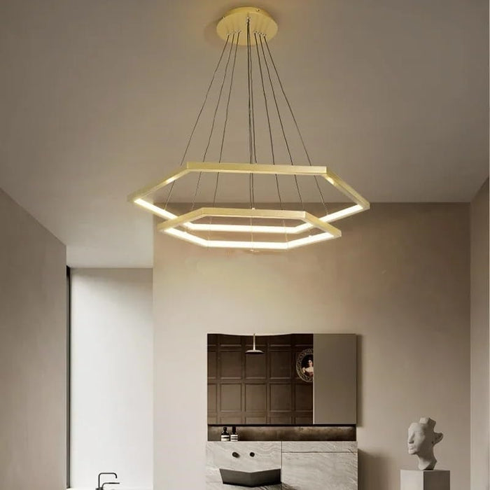 BAMDECOR AD2582/2 Modern LED Chandelier, Hexagonal Rings Ceiling Lighting Contemporary Chandeliers (2 Rings - Brass Gold) - Amazingooh Wholesale