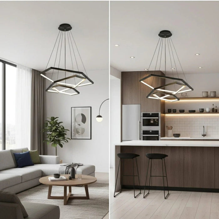 BAMDECOR AD2582/3 Modern LED Chandelier, Hexagonal Rings Ceiling Lighting Contemporary Chandeliers (3 Rings - Black) - Amazingooh Wholesale
